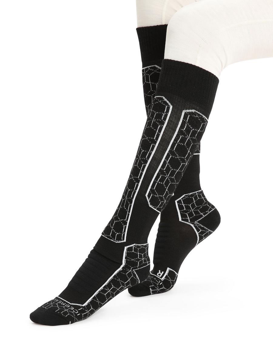 Women's Icebreaker Merino Ski+ Medium Over the Calf Alpine Geo Socks Black / Snow | CA 1539AHKP